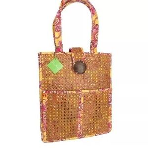VERA BRADLEY Bali Gold Raffia Purse * Tote Bag Coconut Shell Magentic Snap NWOT